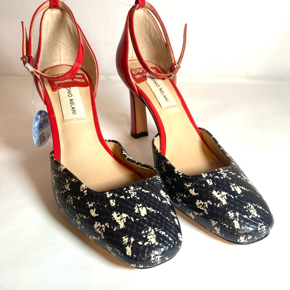 ANTONIO MELANI Red and Black/White Patterned Ankle-Strap Heels